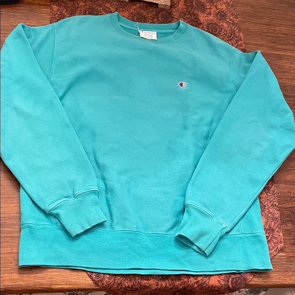 Vintage Champion Men's Aqua Crewneck Sweater